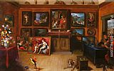 Picture Canvas Paintings - A Picture Gallery With A Man Of Science Making Measurements On A Globe